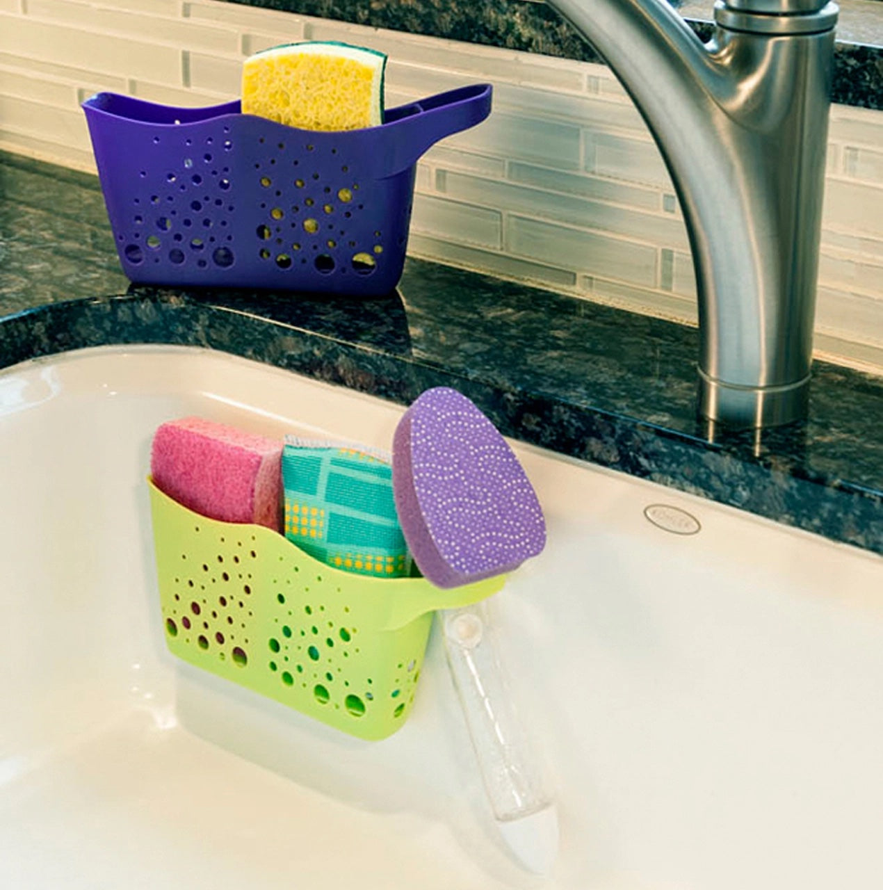 Hutzler Sponge Station Duo In Sink Sponge Caddy w/Drain Holes, Green