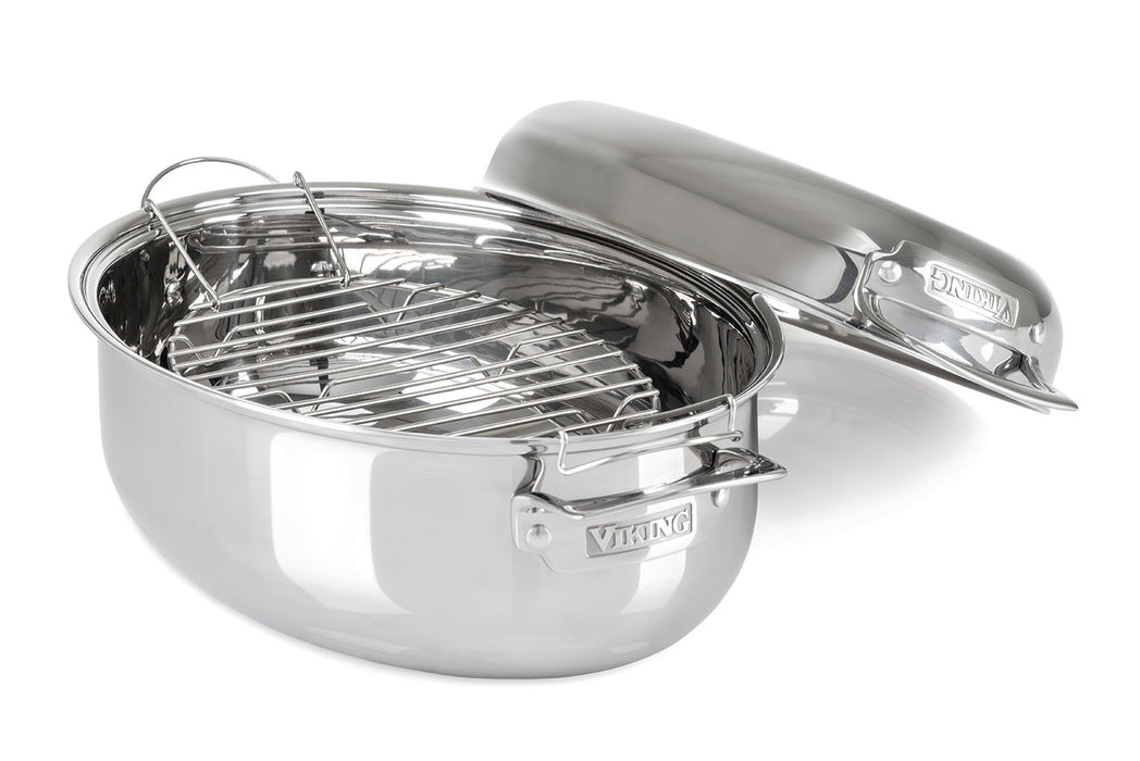 Viking 3-Ply 8.5-Quart Oval Roaster with Metal Induction Lid and Rack, Stainless