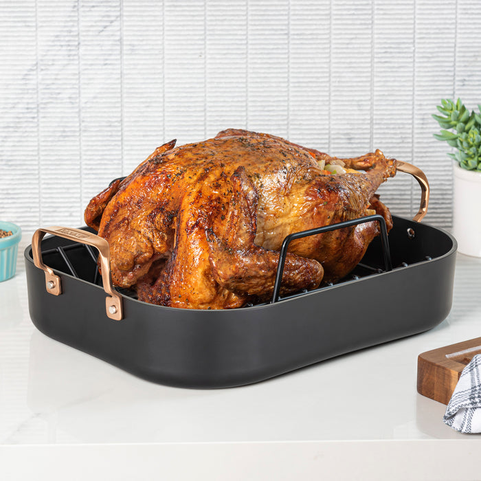 Viking Hard Anodized Roasting Pan, 13-Inch x 16-Inch w/ Carving Set, New Handle, Black