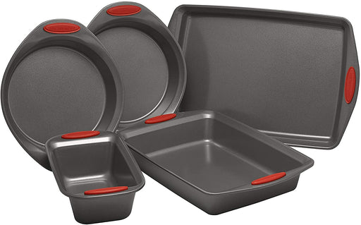Rachael Ray 5 Piece Nonstick Bakeware Set, Gray with Red Grips