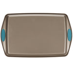 Rachael Ray Cucina Nonstick Bakeware Crisper Pan Set, 2-Piece, Latte Brown with Agave Blue Handle Grips