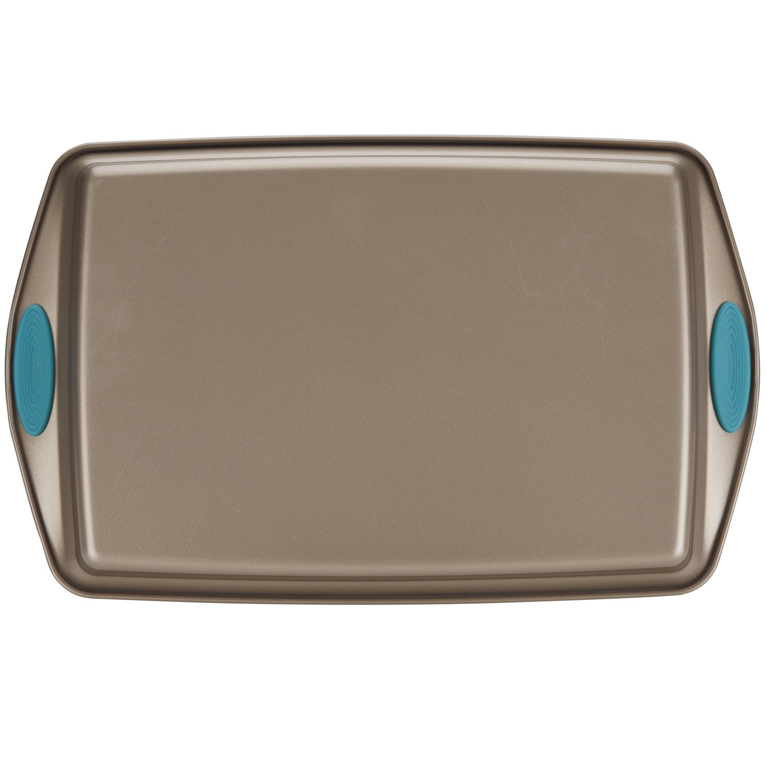 Rachael Ray Cucina Nonstick Bakeware Crisper Pan Set, 2-Piece, Latte Brown with Agave Blue Handle Grips
