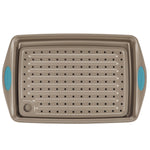 Rachael Ray Cucina Nonstick Bakeware Crisper Pan Set, 2-Piece, Latte Brown with Agave Blue Handle Grips