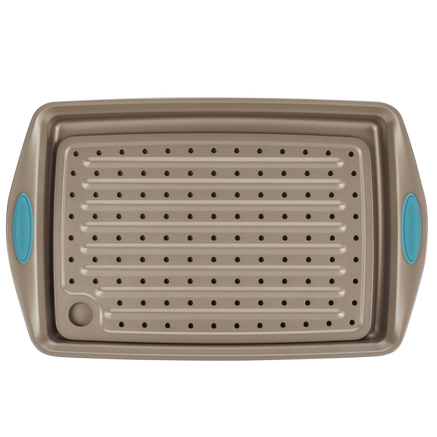 Rachael Ray Cucina Nonstick Bakeware Crisper Pan Set, 2-Piece, Latte Brown with Agave Blue Handle Grips