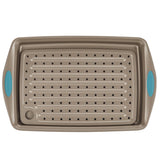 Rachael Ray Cucina Nonstick Bakeware Crisper Pan Set, 2-Piece, Latte Brown with Agave Blue Handle Grips