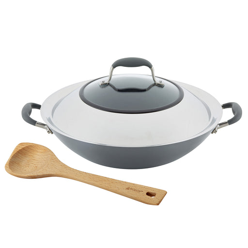 Anolon Advanced Home Hard-Anodized Nonstick Wok with Side Handles, Lid and Wooden Spoon, 14-Inch, Moonstone