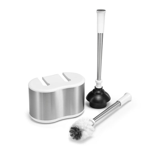 Polder Stainless-Steel Dual Bath Caddy with Toilet Brush and Plunger, White
