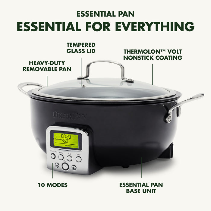 GreenPan Elite Essential Smart Electric 6 QT Skillet Pot - Sear, Saute, Cook Rice, Black