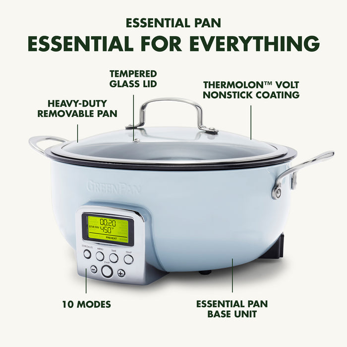 GreenPan Elite Essential Smart Electric 6 QT Skillet Pot - Sear, Saute, Cook Rice, Blue Haze