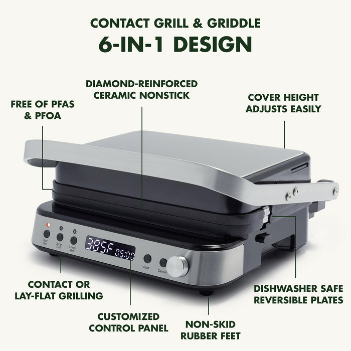 GreenPan Electric Indoor Stainless Steel 6-in-1 Contact Grill and Griddle w/Ceramic Nonstick Plates