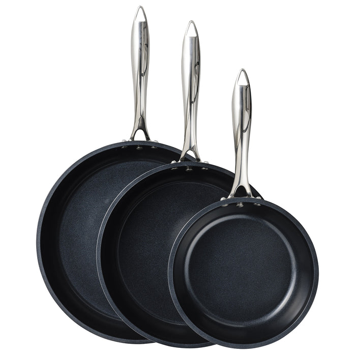Kyocera 8", 10" & 12" Ceramic Coated Nonstick 3 Piece Fry Pan Set, Black