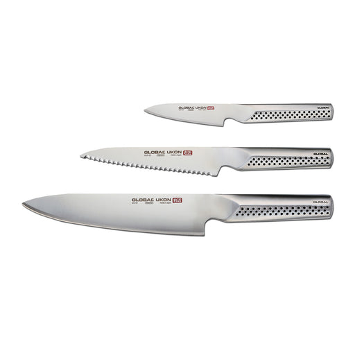 Global UKON 3 Piece Knife Set, 3.5" Paring, 6" Serrated Utility, 8" Chef's