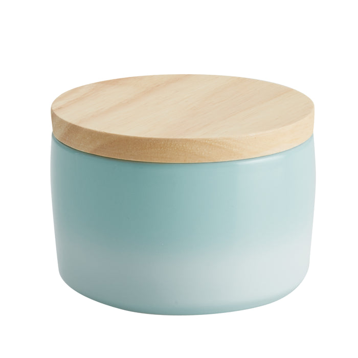 Rachael Ray 9-Ounce Ceramic Salt and Spice Box with Wood Lid, Light Blue Ombre